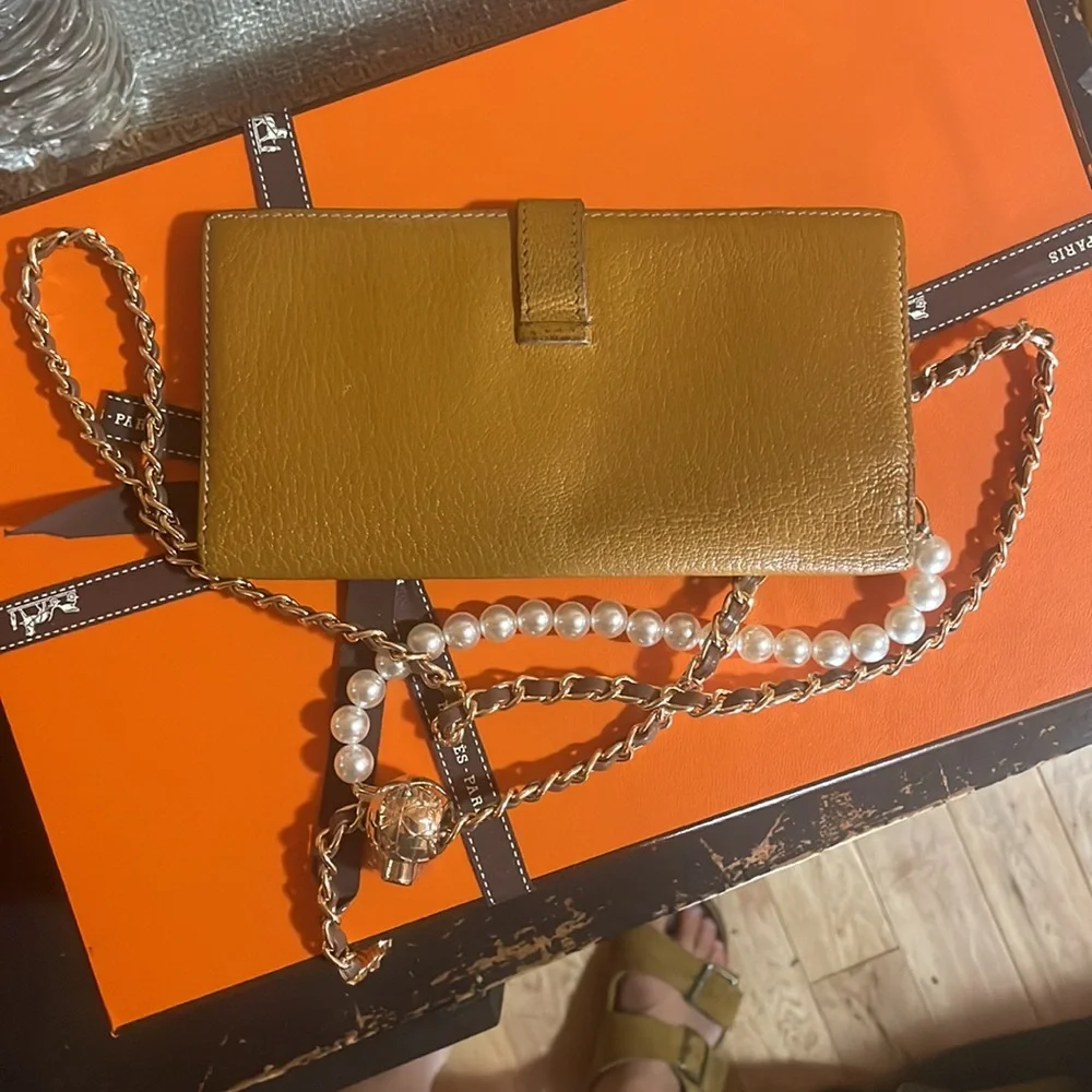 Hermes Bearn vintage brown wallet with a Gold Chain